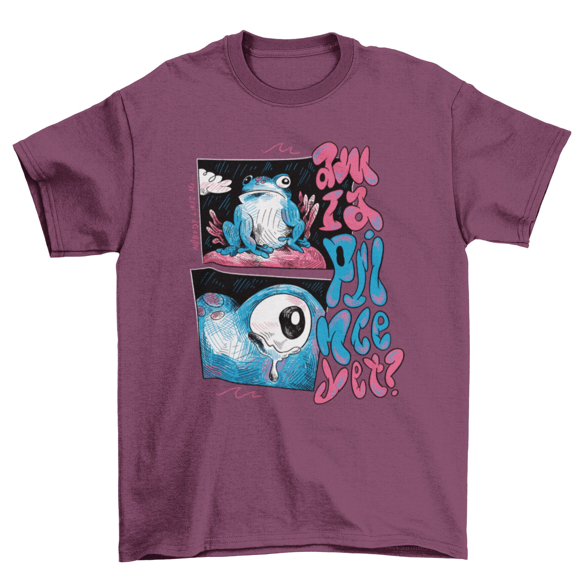 A whimsical t-shirt featuring a frog sketch with the quote 'Am I a prince yet?' in a playful design.