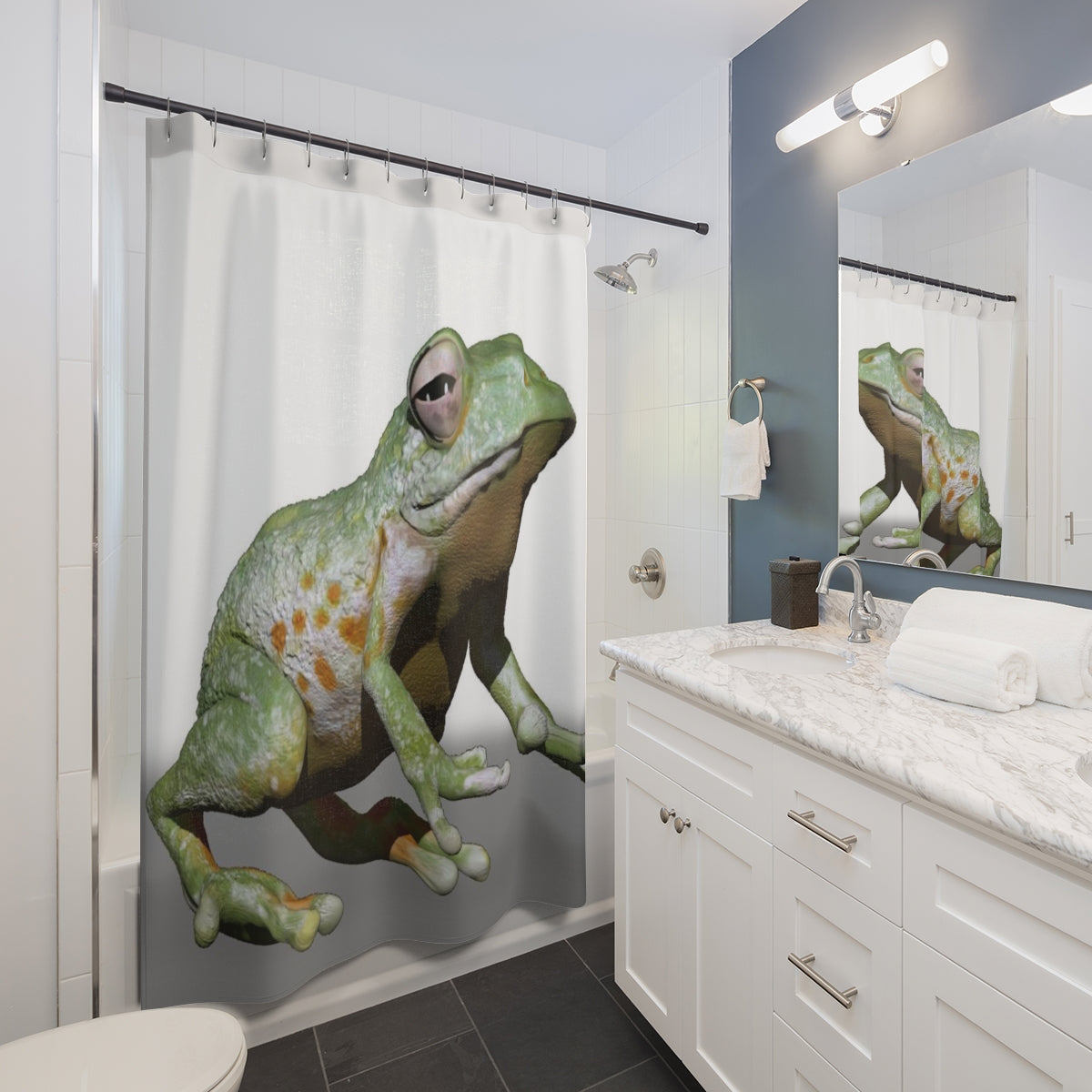 Colorful frog-themed shower curtain made of durable polyester, showcasing a vibrant design perfect for bathroom decor.