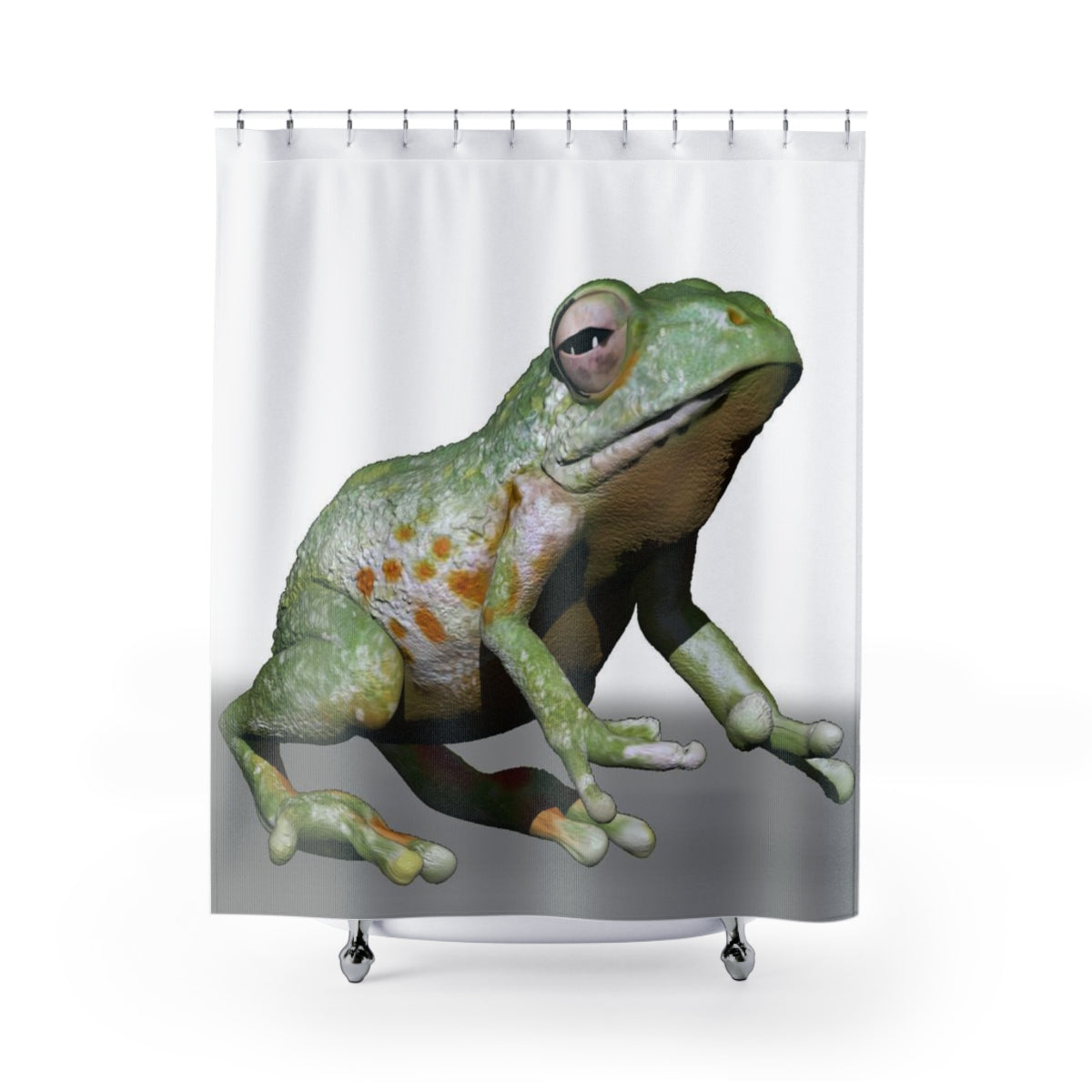 Colorful frog-themed shower curtain made of durable polyester, showcasing a vibrant design perfect for bathroom decor.