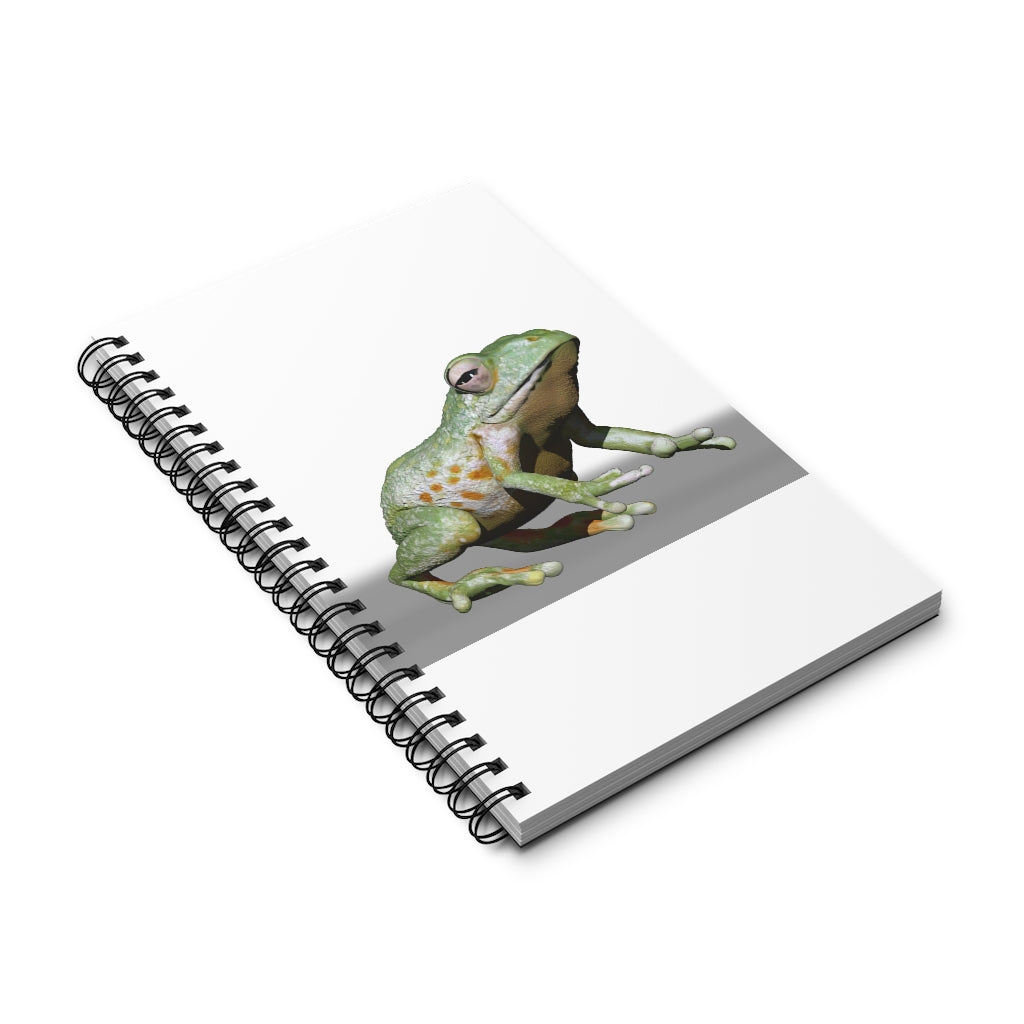 Frog Spiral Journal featuring a colorful front cover with various styles including blank, dot grid, lined, and task layouts, showcasing its versatility.