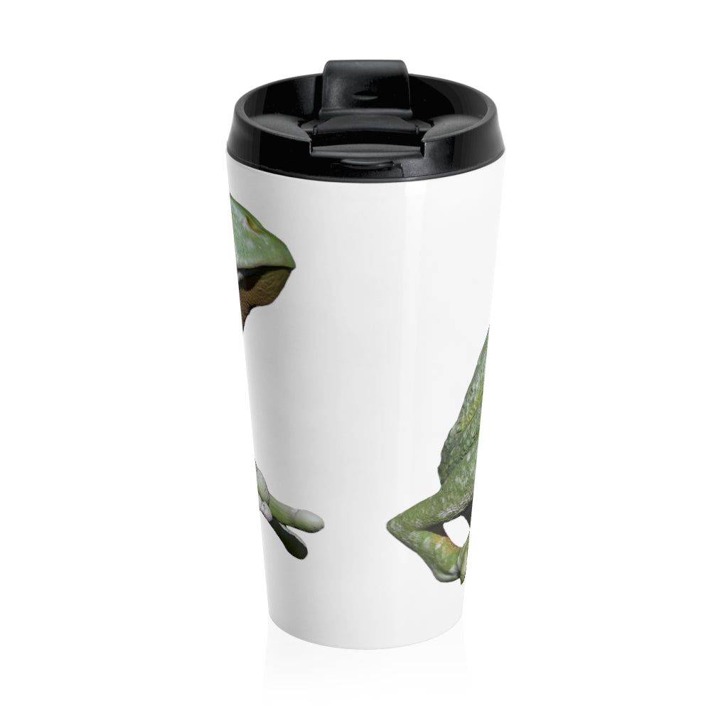 Frog Stainless Steel Travel Mug with a sleek design, featuring a black plastic lid and vibrant sublimation printing.