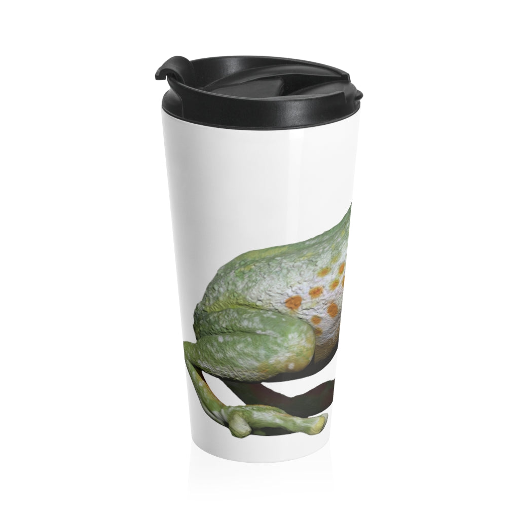 Frog Stainless Steel Travel Mug with a sleek design, featuring a black plastic lid and vibrant sublimation printing.