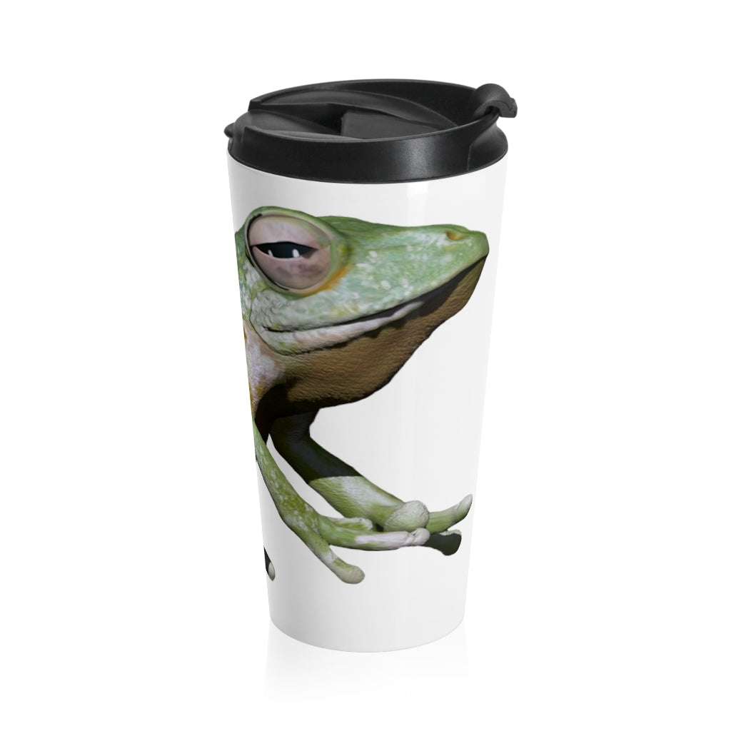 Frog Stainless Steel Travel Mug with a sleek design, featuring a black plastic lid and vibrant sublimation printing.