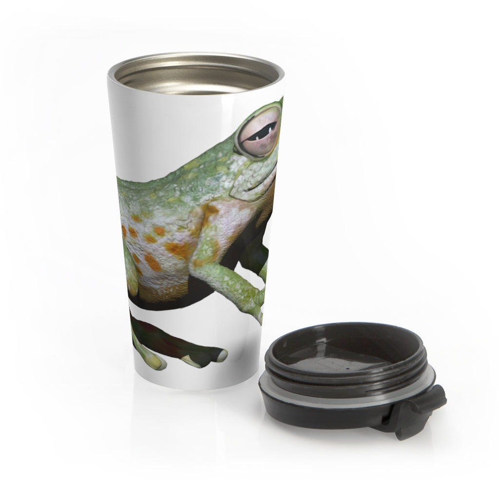 Frog Stainless Steel Travel Mug with a sleek design, featuring a black plastic lid and vibrant sublimation printing.