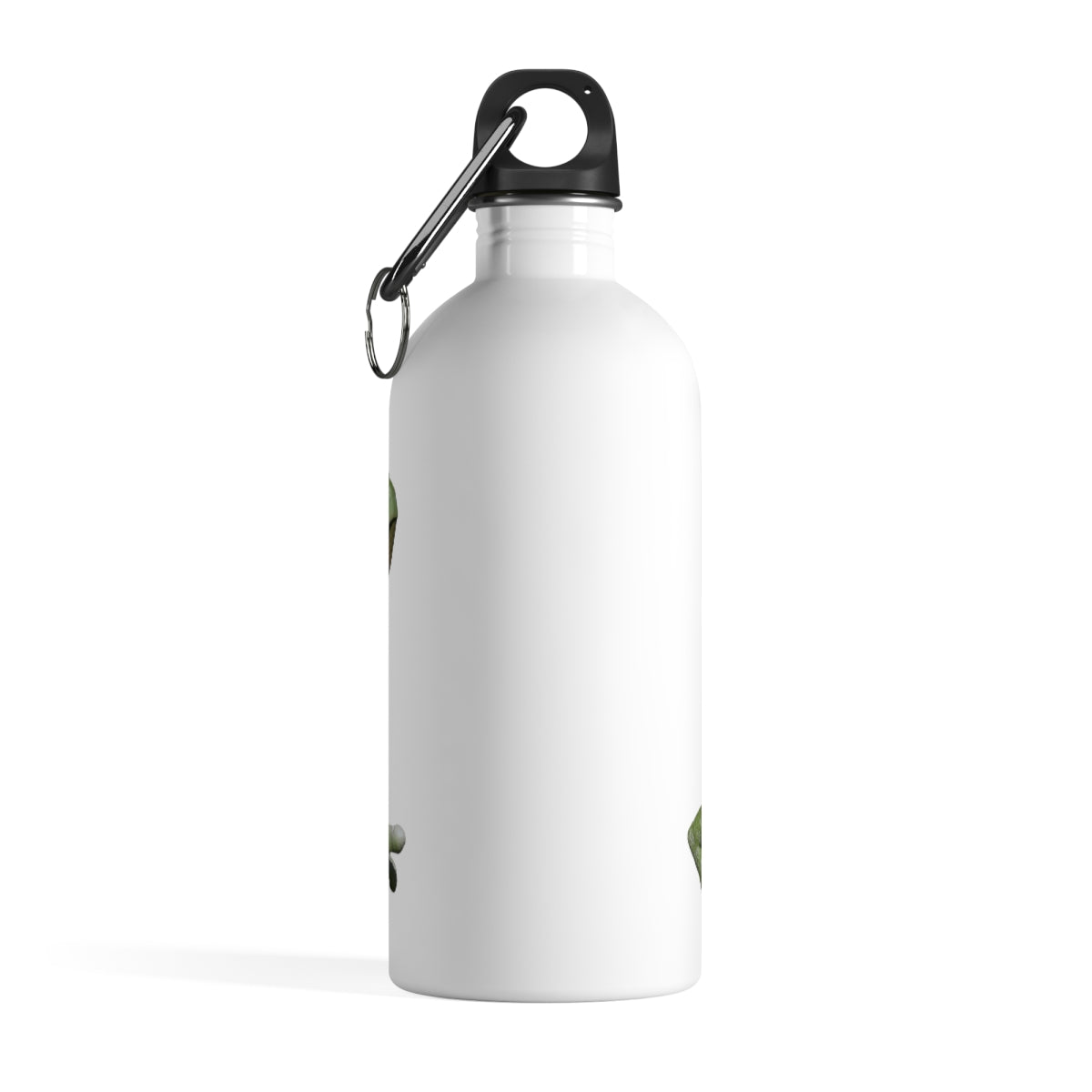 Frog Stainless Steel Water Bottle with a plastic screw top and carabiner, showcasing its stylish design and lightweight construction.