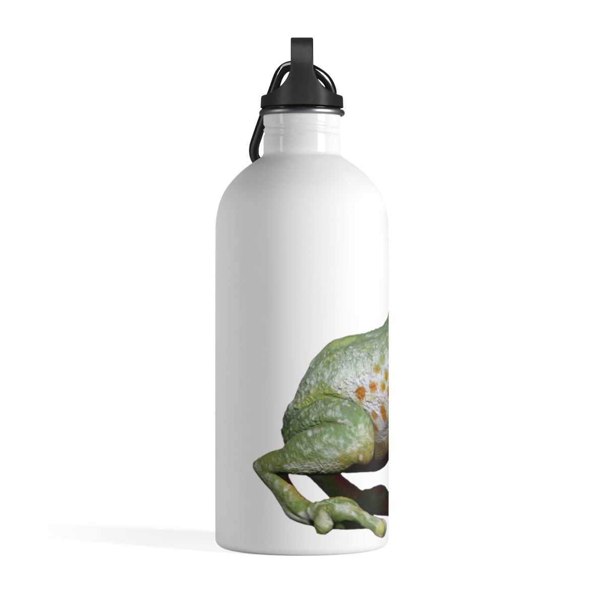 Frog Stainless Steel Water Bottle with a plastic screw top and carabiner, showcasing its stylish design and lightweight construction.