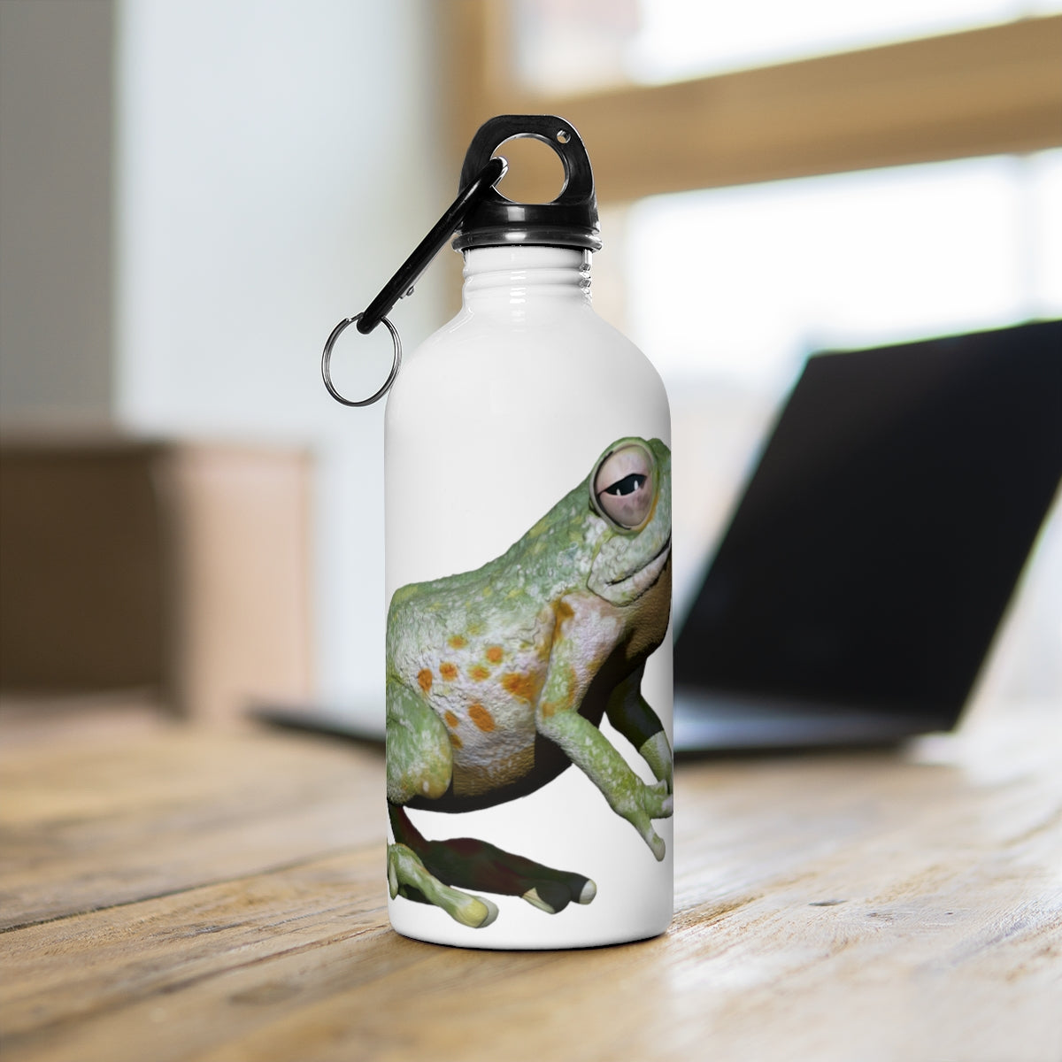 Frog Stainless Steel Water Bottle with a plastic screw top and carabiner, showcasing its stylish design and lightweight construction.