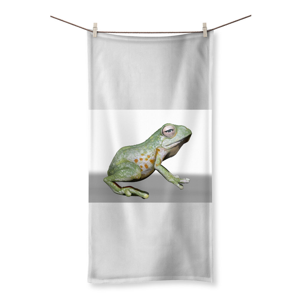 Frog Sublimation All Over Towel showcasing vibrant prints on one side and soft cotton backing on the other, perfect for beach or bath use.