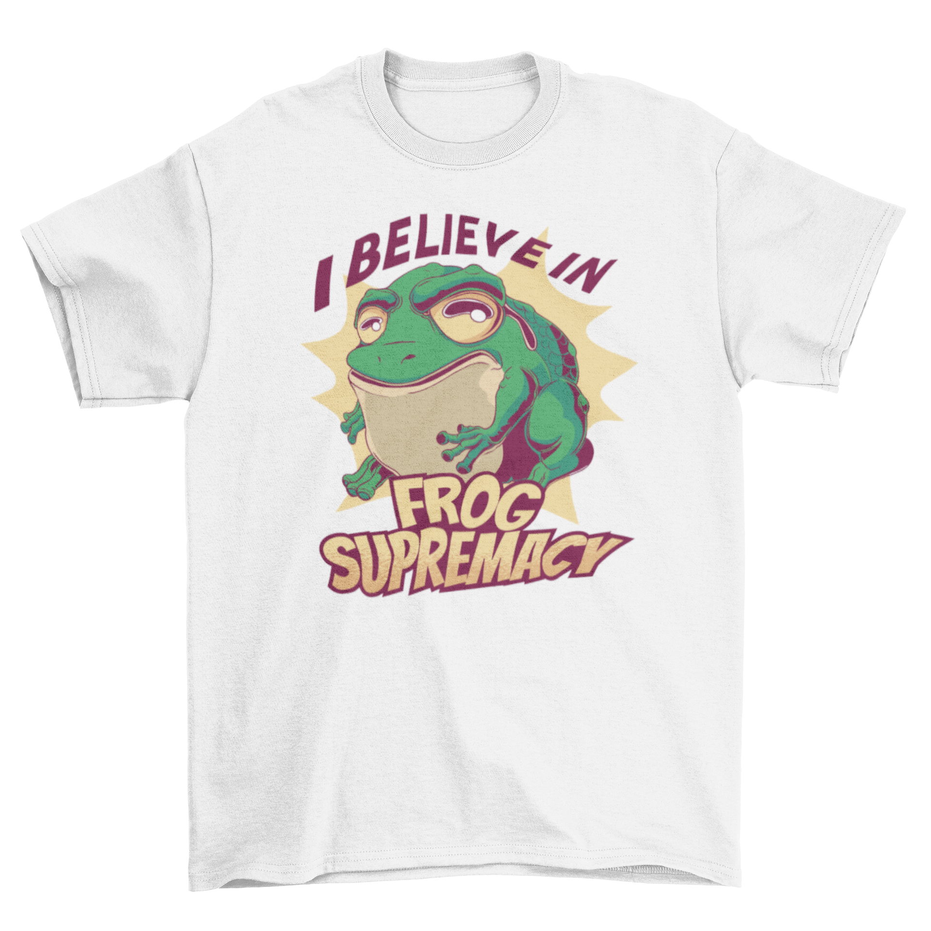 Frog Supremacy T-shirt featuring a vibrant frog design and the quote 'I believe in frog supremacy'.