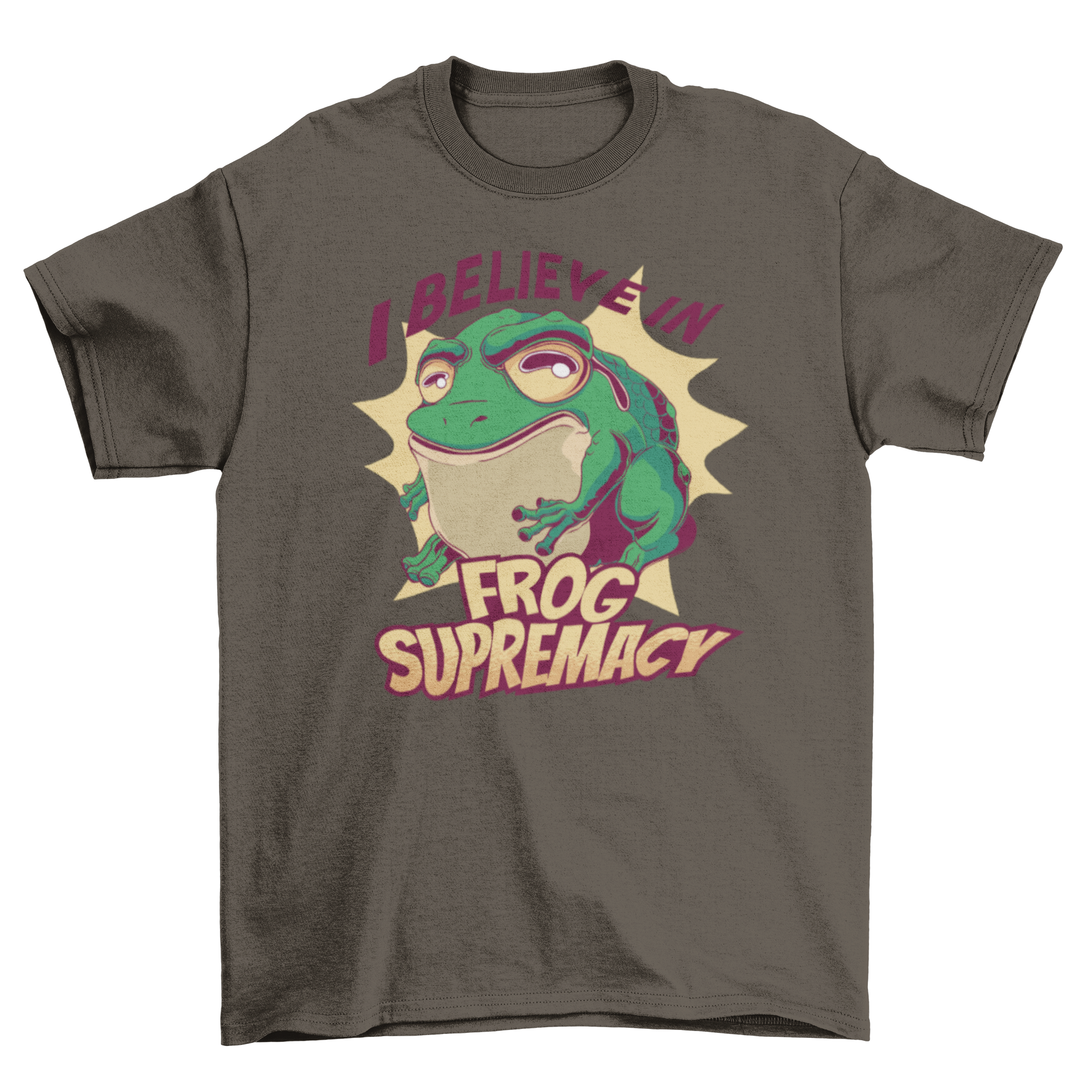 Frog Supremacy T-shirt featuring a vibrant frog design and the quote 'I believe in frog supremacy'.