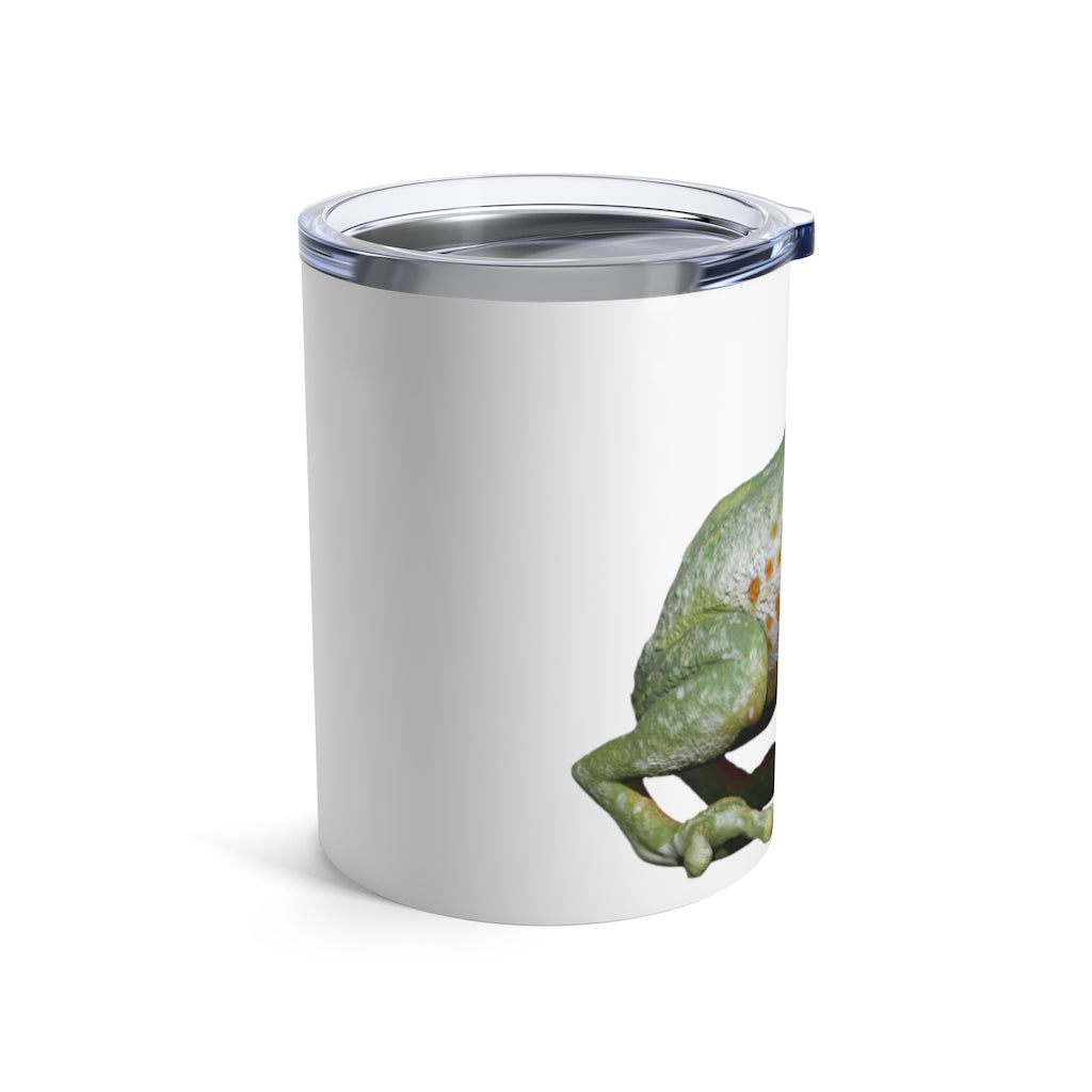 Frog Tumbler 10oz in stainless steel with a see-thru plastic lid, showcasing its sleek design and rounded corners.