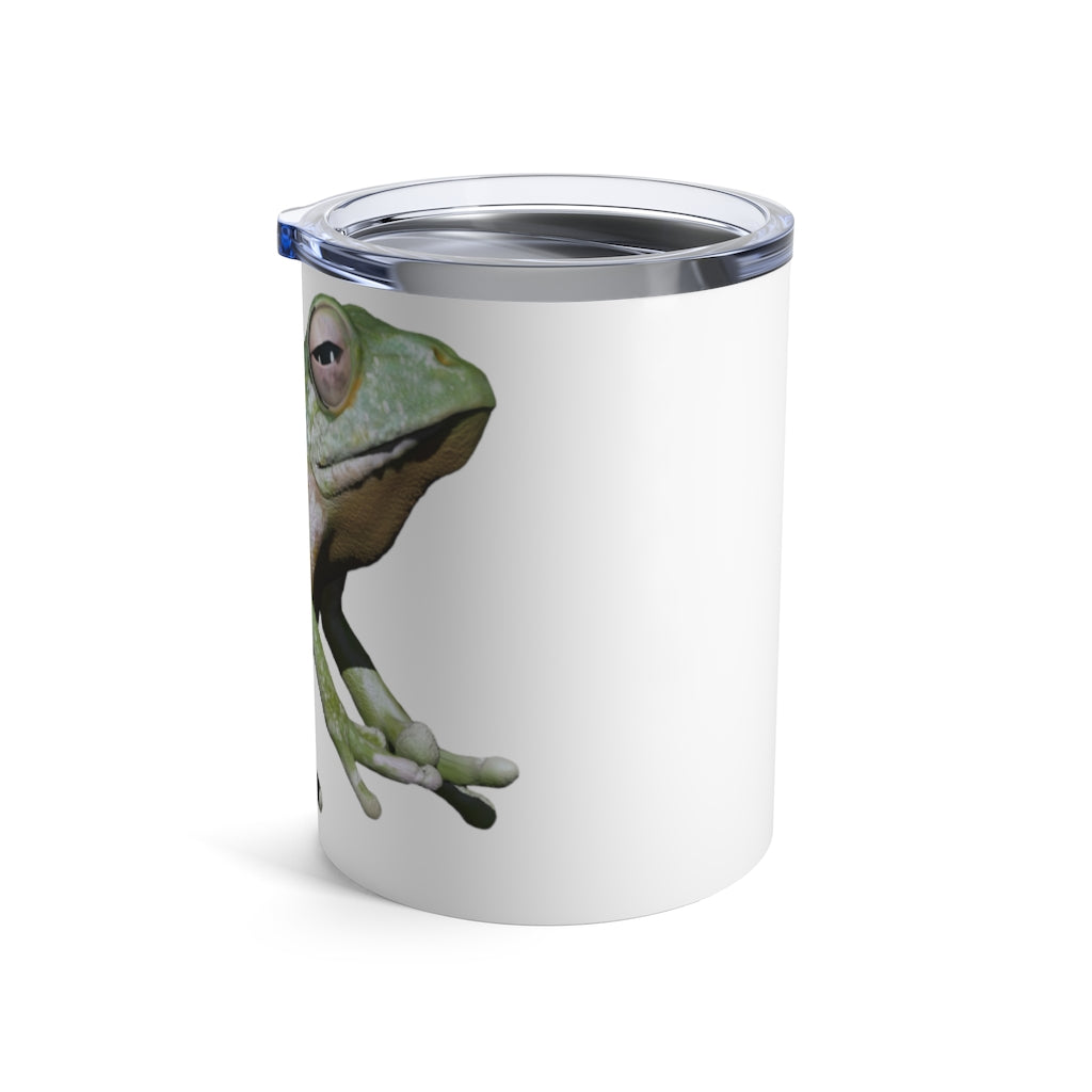 Frog Tumbler 10oz in stainless steel with a see-thru plastic lid, showcasing its sleek design and rounded corners.