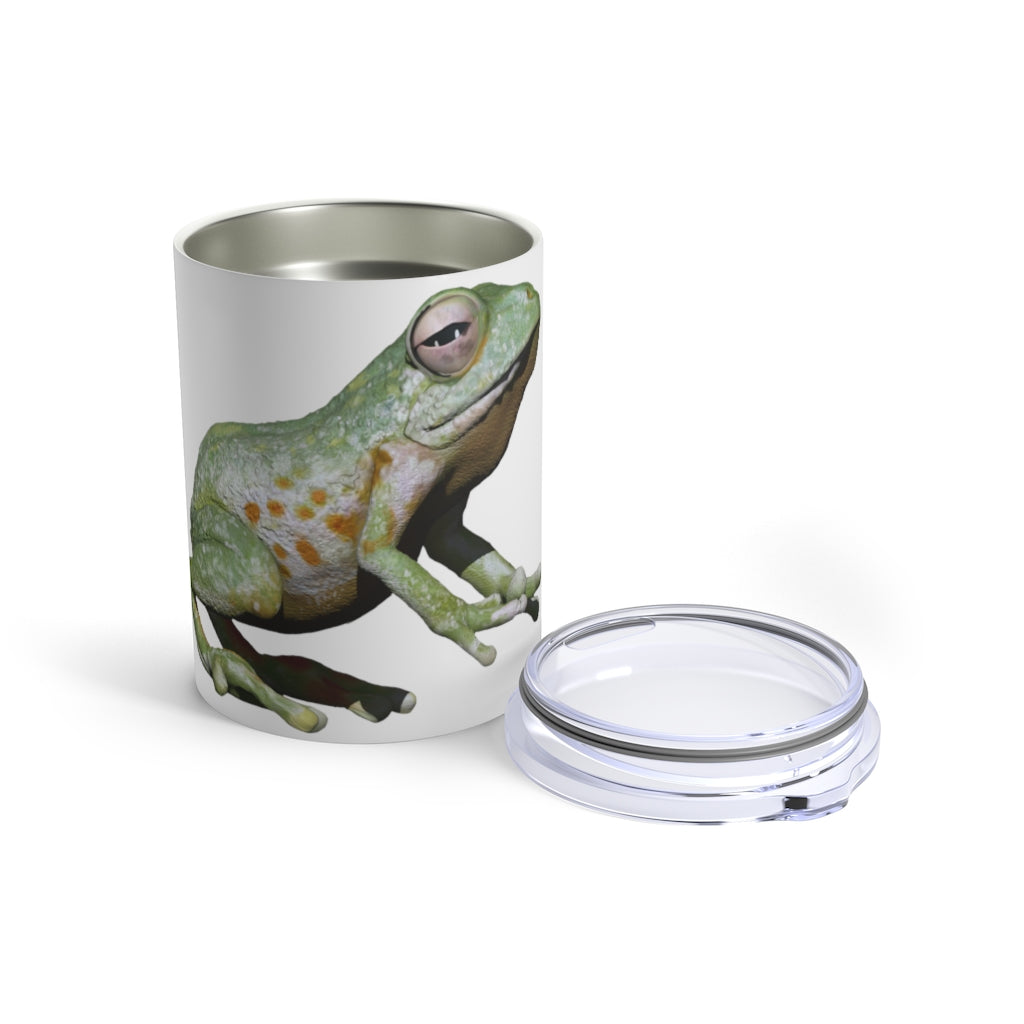 Frog Tumbler 10oz in stainless steel with a see-thru plastic lid, showcasing its sleek design and rounded corners.