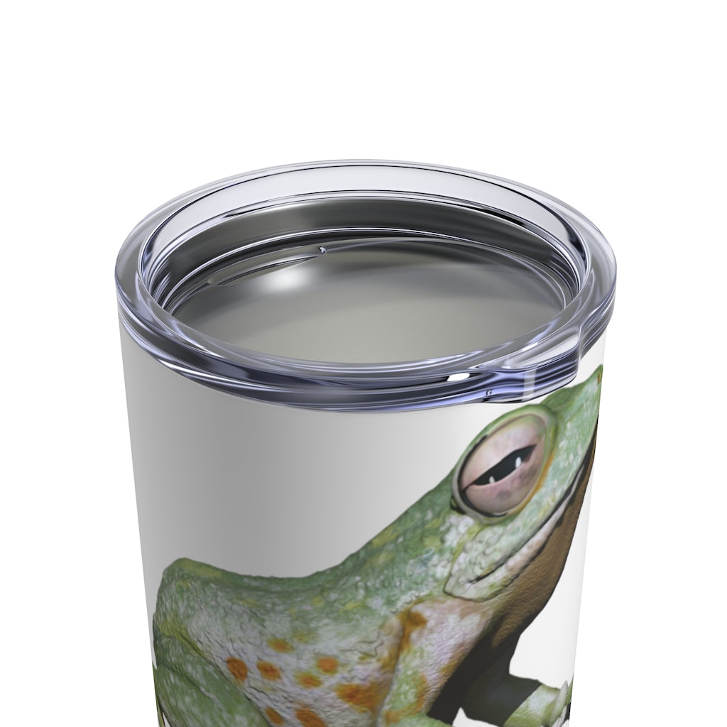 Frog Tumbler 10oz in stainless steel with a see-thru plastic lid, showcasing its sleek design and rounded corners.