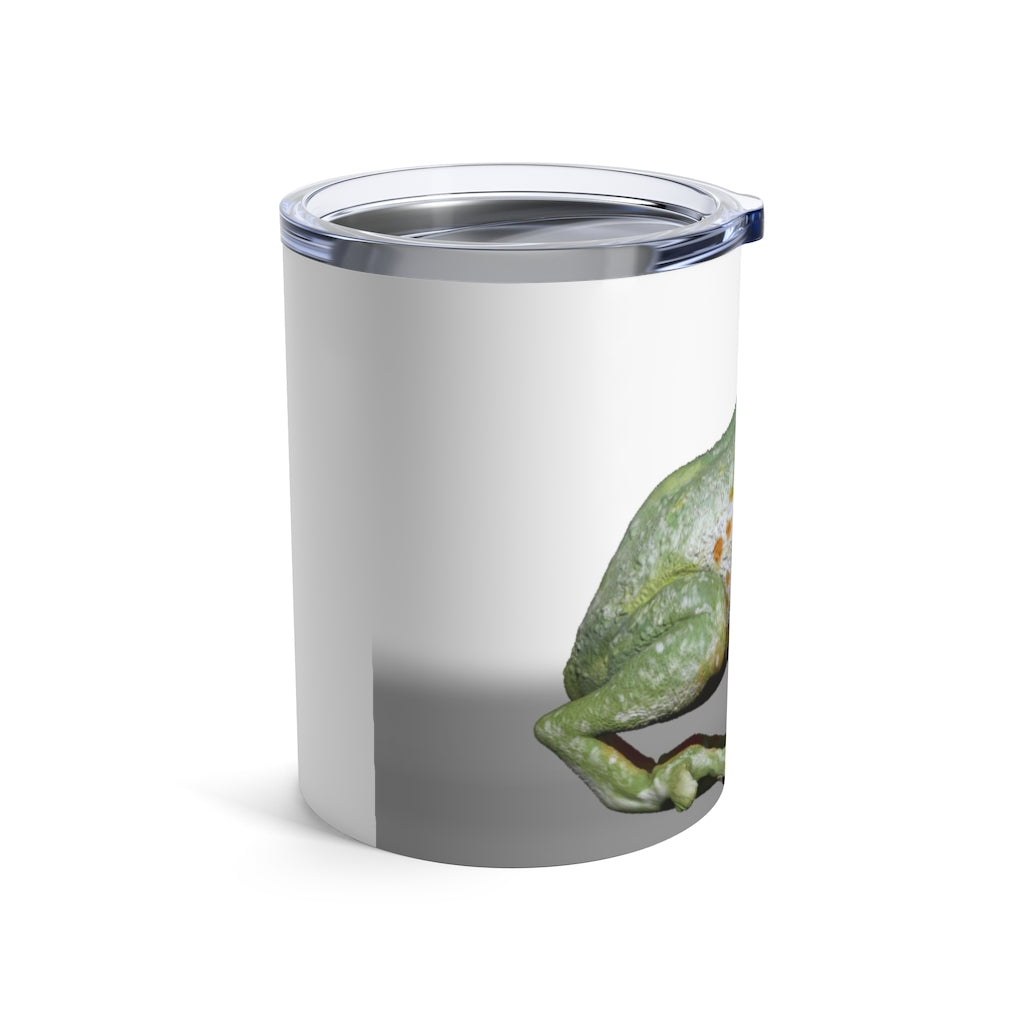 Frog Tumbler 10oz in stainless steel with a see-thru plastic lid, showcasing its sleek design and rounded corners.