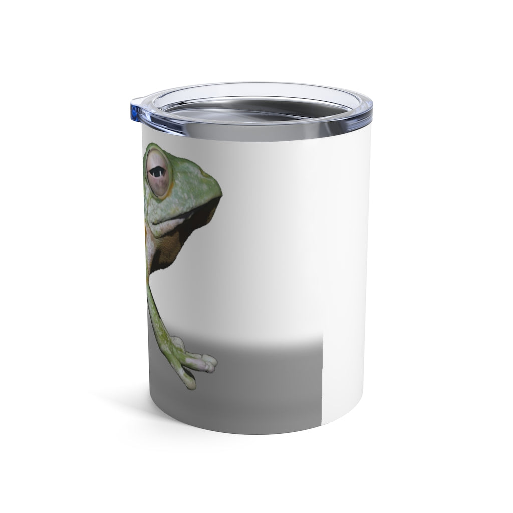 Frog Tumbler 10oz in stainless steel with a see-thru plastic lid, showcasing its sleek design and rounded corners.