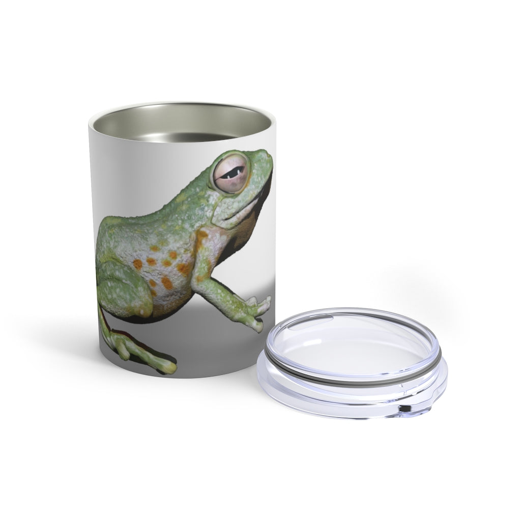 Frog Tumbler 10oz in stainless steel with a see-thru plastic lid, showcasing its sleek design and rounded corners.