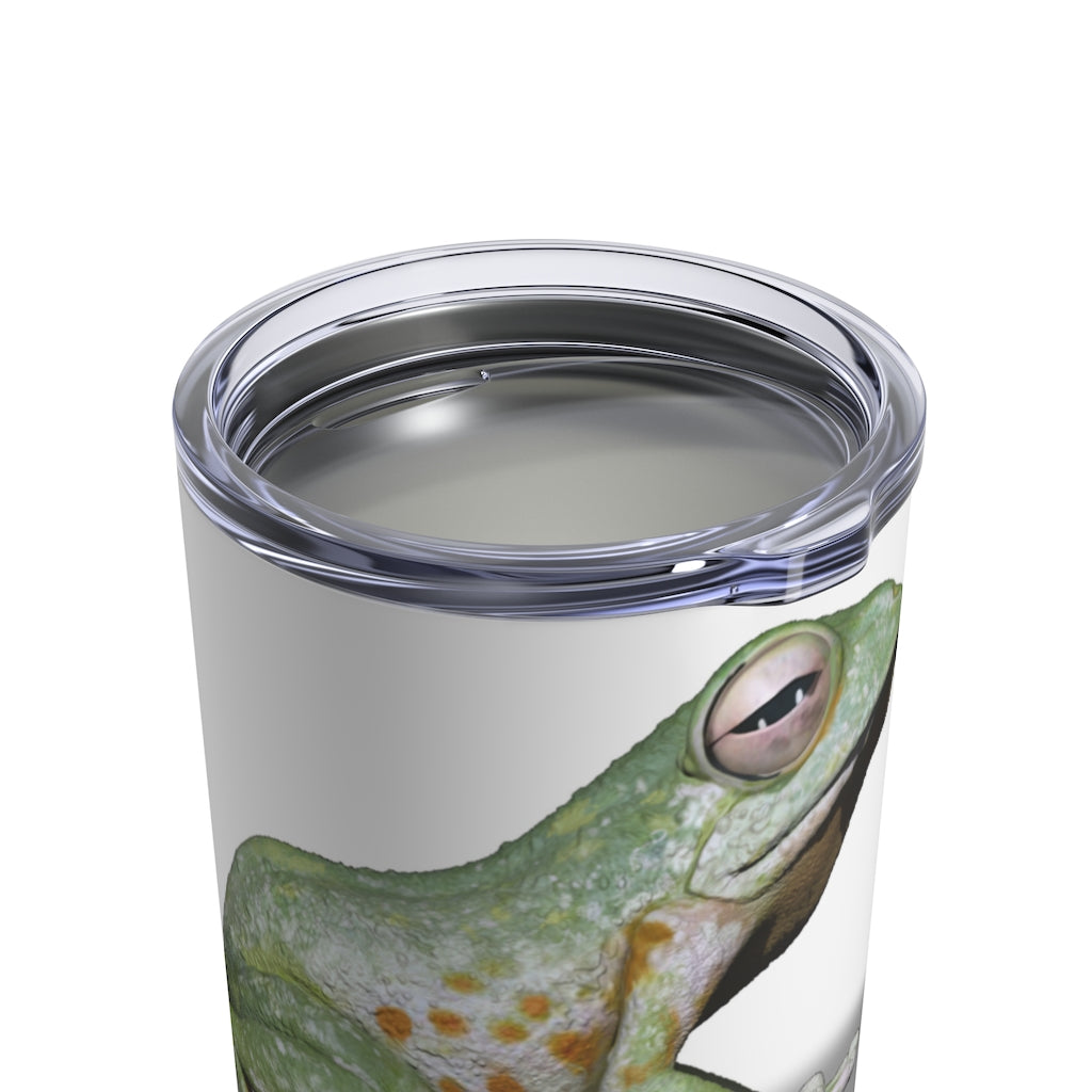 Frog Tumbler 10oz in stainless steel with a see-thru plastic lid, showcasing its sleek design and rounded corners.