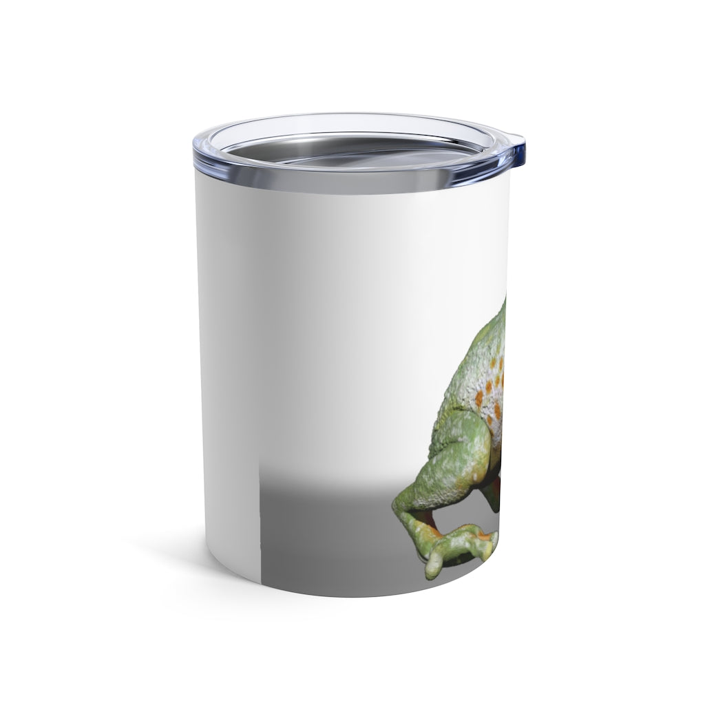 Frog Tumbler 10oz in stainless steel with a see-thru plastic lid, showcasing its sleek design and compact size.