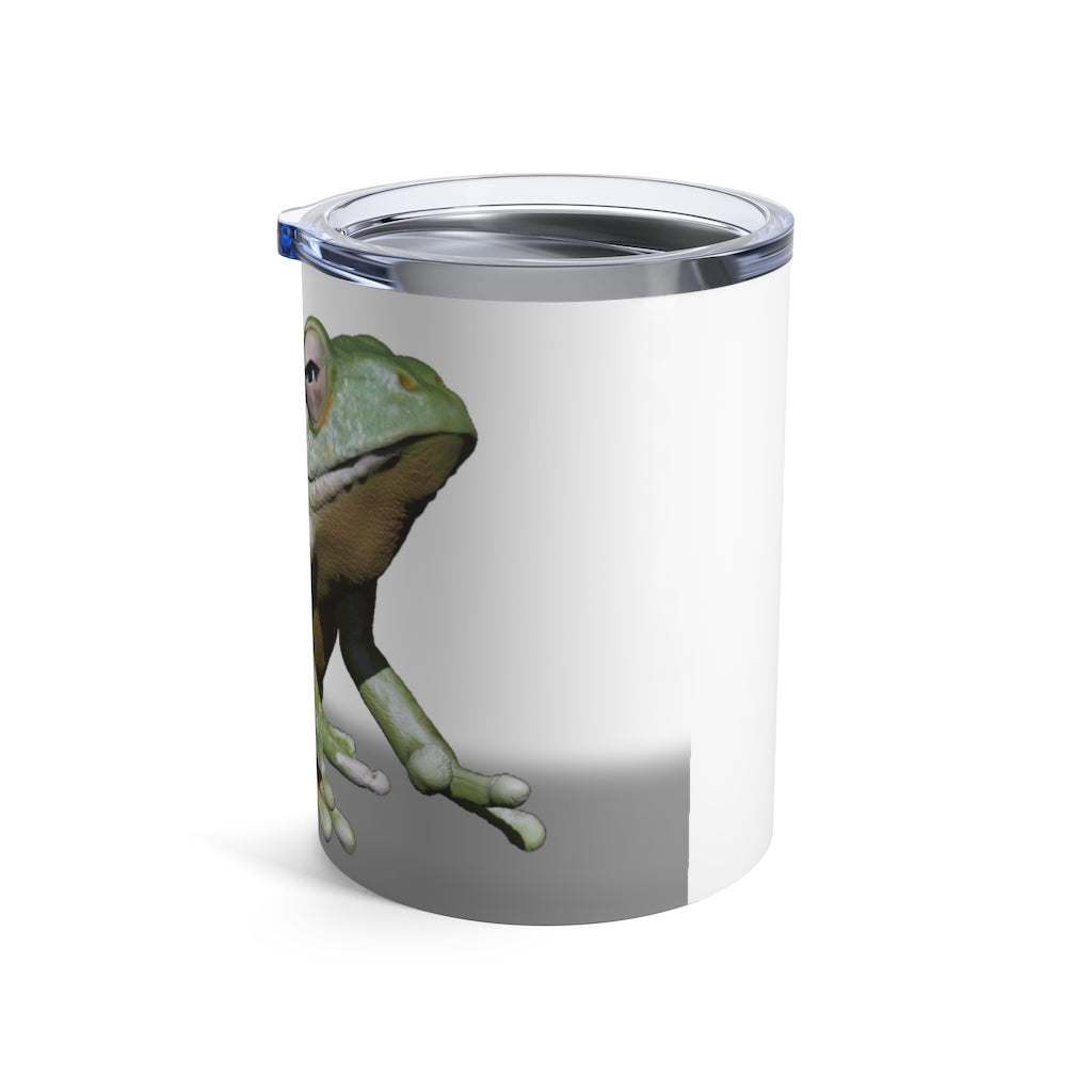 Frog Tumbler 10oz in stainless steel with a see-thru plastic lid, showcasing its sleek design and compact size.