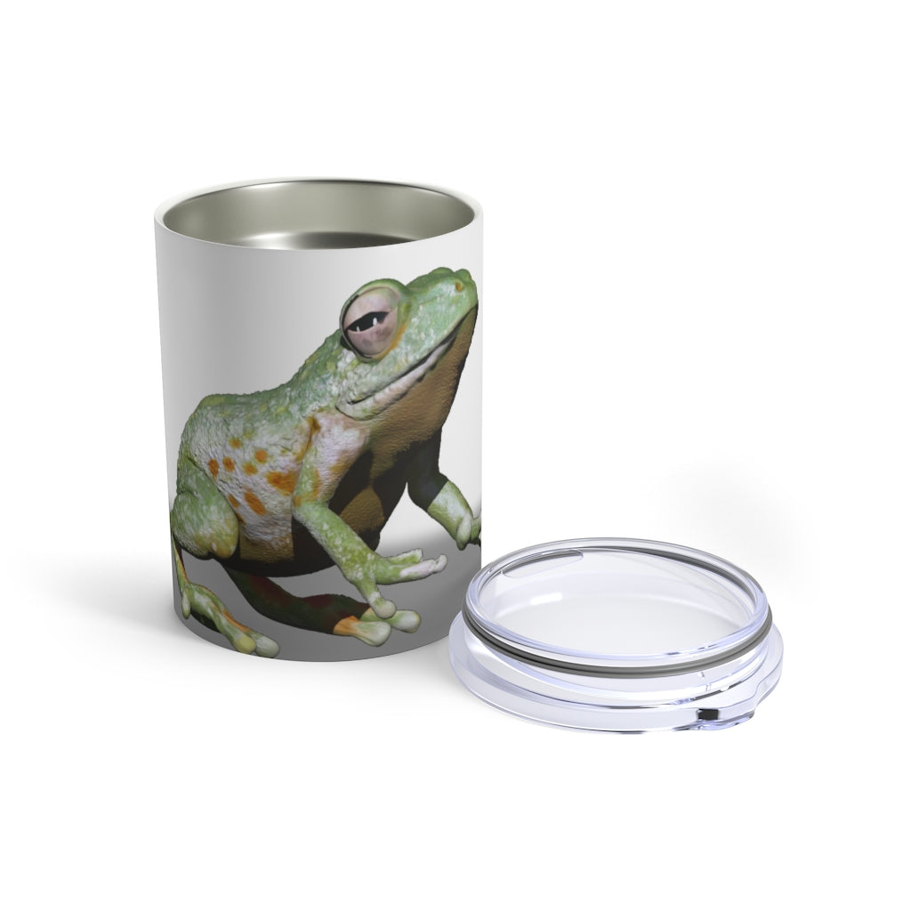 Frog Tumbler 10oz in stainless steel with a see-thru plastic lid, showcasing its sleek design and compact size.