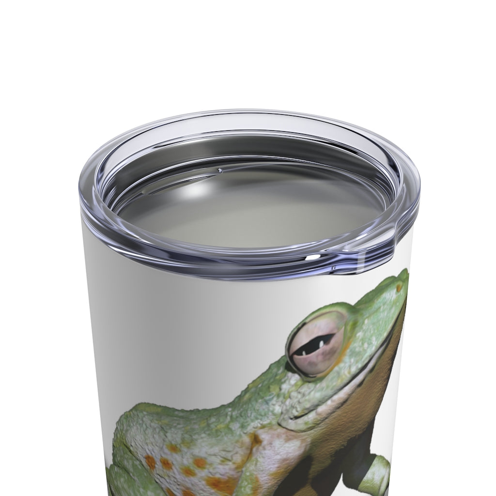 Frog Tumbler 10oz in stainless steel with a see-thru plastic lid, showcasing its sleek design and compact size.