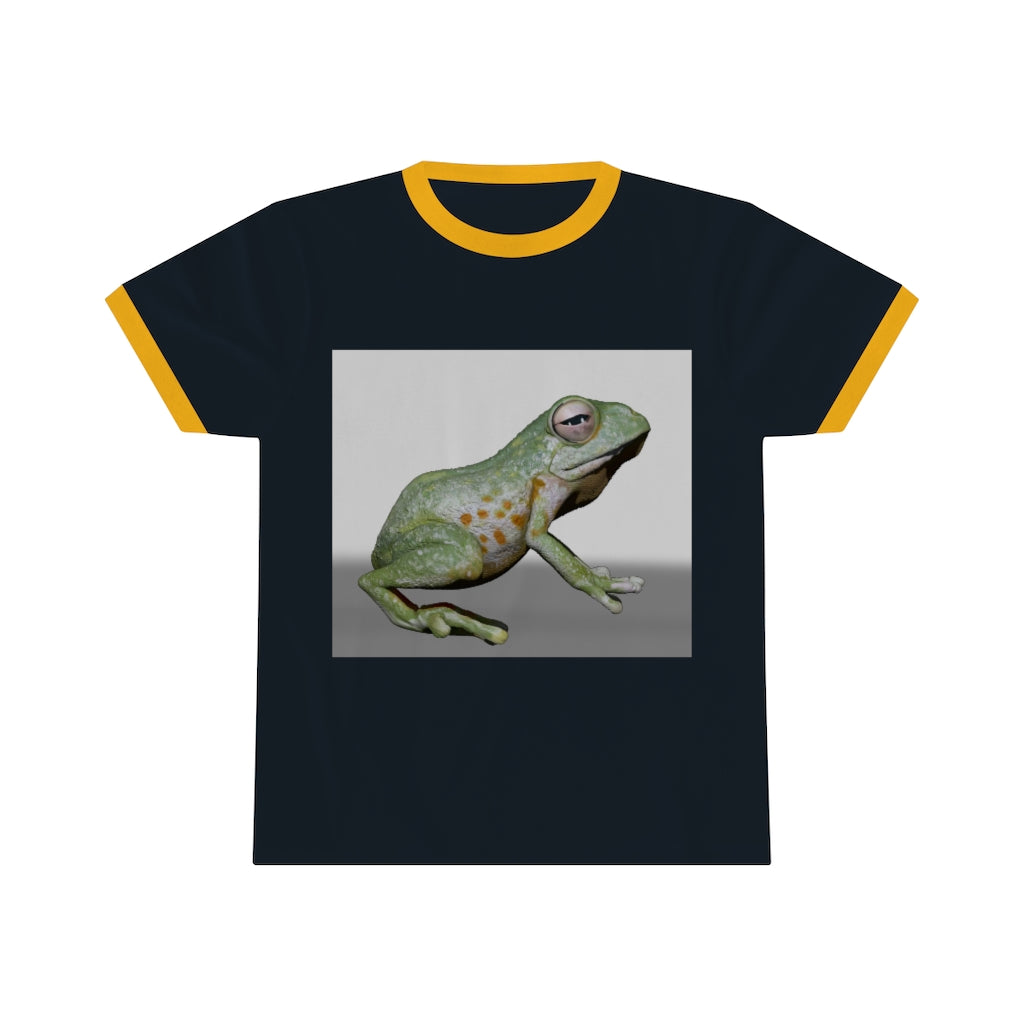 Frog Unisex Ringer Tee showcasing vibrant colors and classic design, perfect for summer wear.