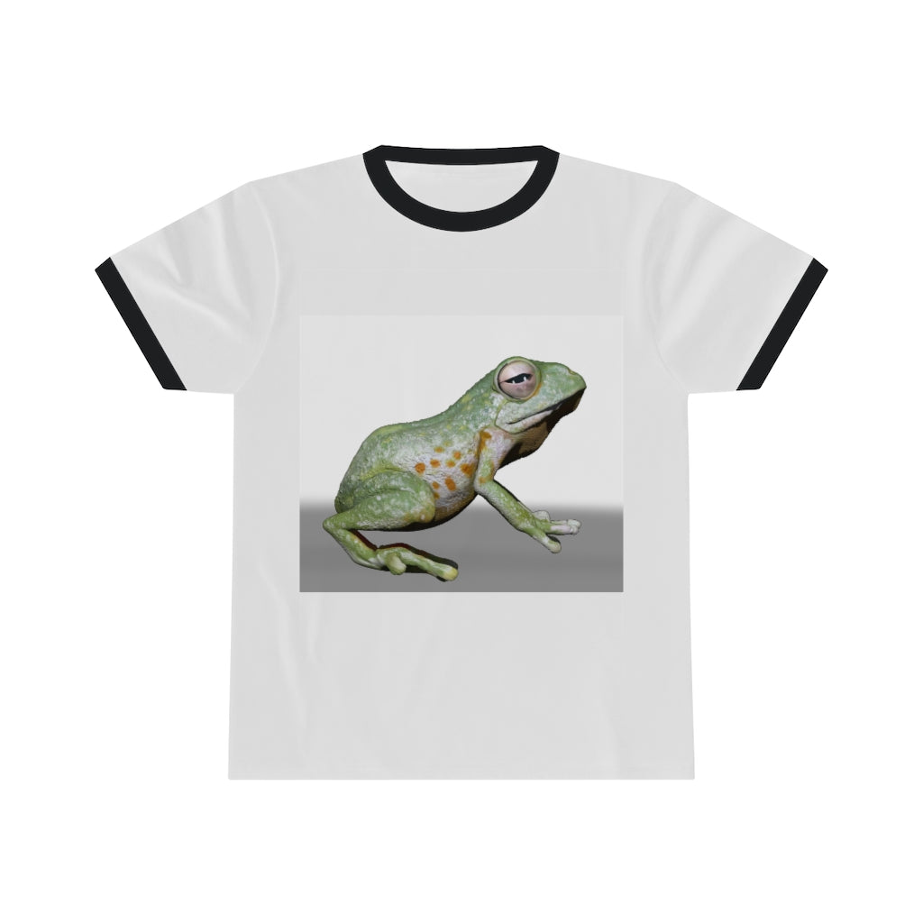 Frog Unisex Ringer Tee showcasing vibrant colors and classic design, perfect for summer wear.