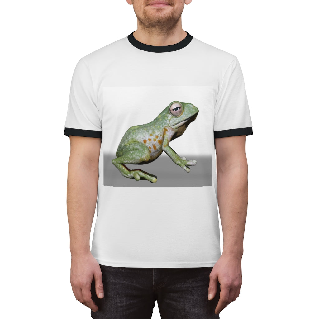 Frog Unisex Ringer Tee showcasing vibrant colors and classic design, perfect for summer wear.