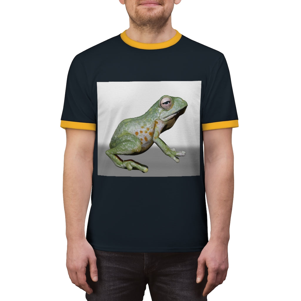 Frog Unisex Ringer Tee showcasing vibrant colors and classic design, perfect for summer wear.