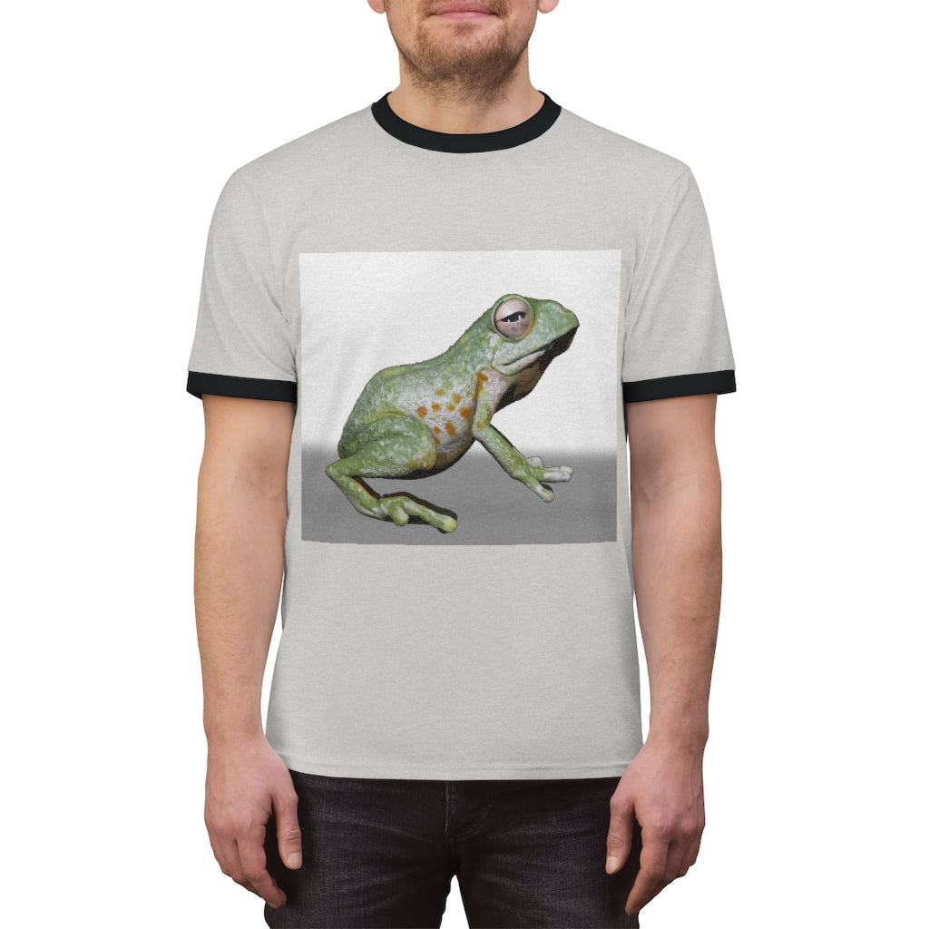 Frog Unisex Ringer Tee showcasing vibrant colors and classic design, perfect for summer wear.