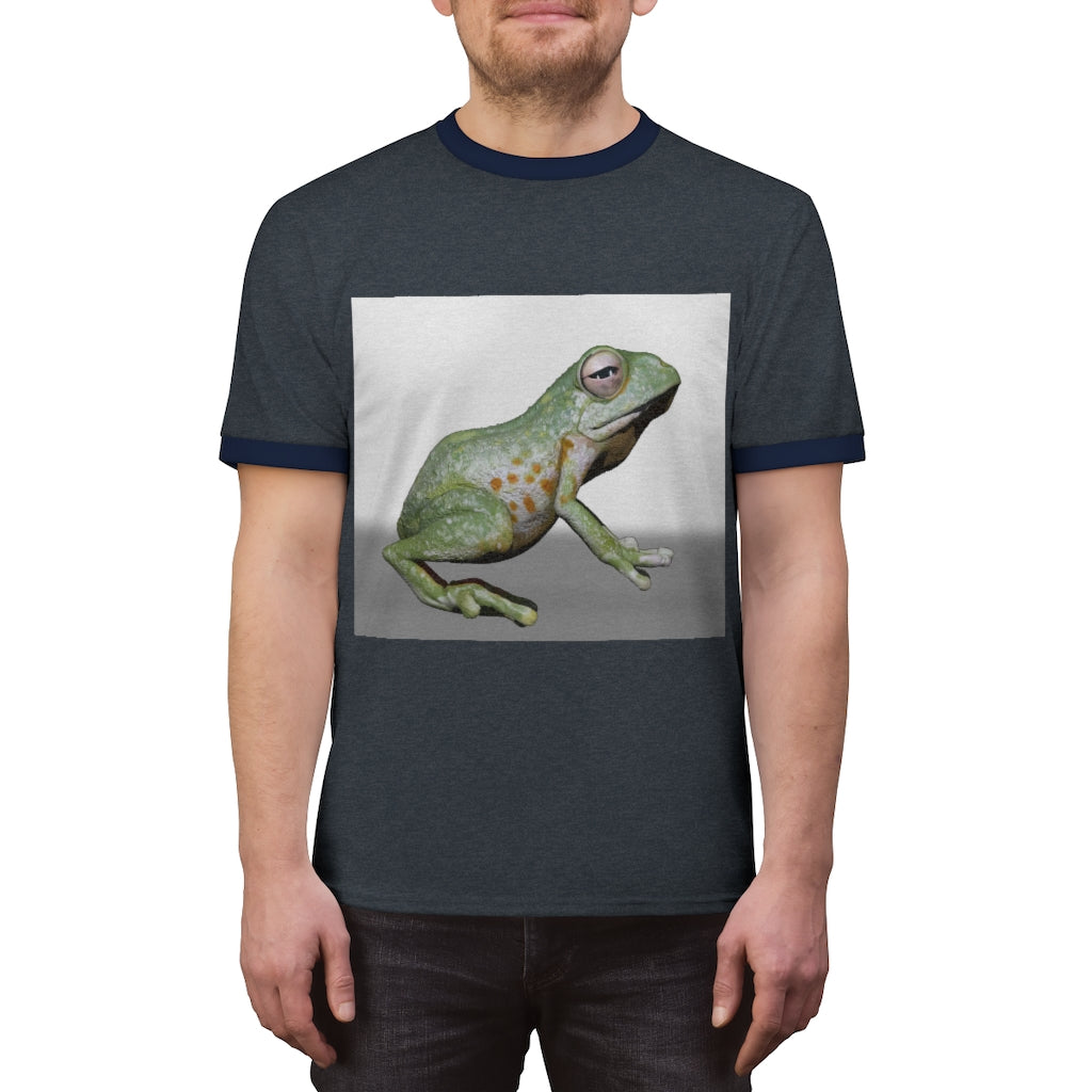 Frog Unisex Ringer Tee showcasing vibrant colors and classic design, perfect for summer wear.