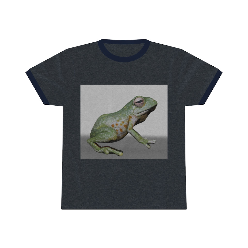 Frog Unisex Ringer Tee showcasing vibrant colors and classic design, perfect for summer wear.