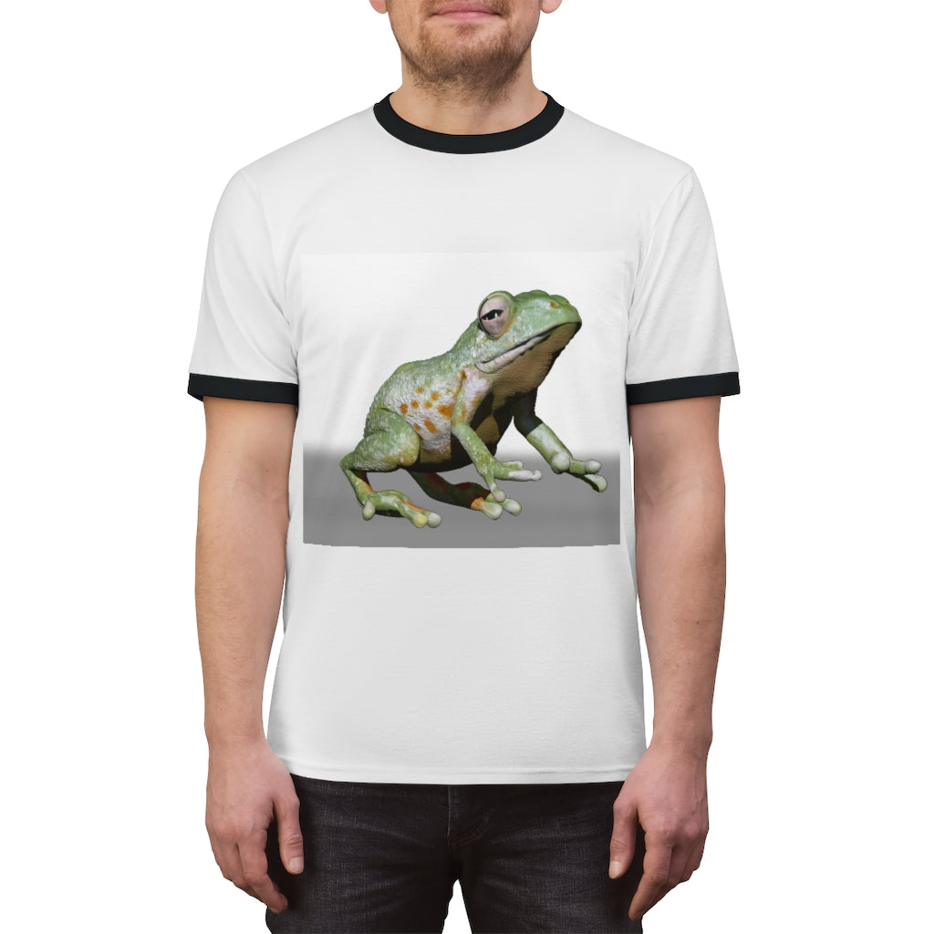 Frog Unisex Ringer Tee displayed in various colors, showcasing its lightweight fabric and stylish design.