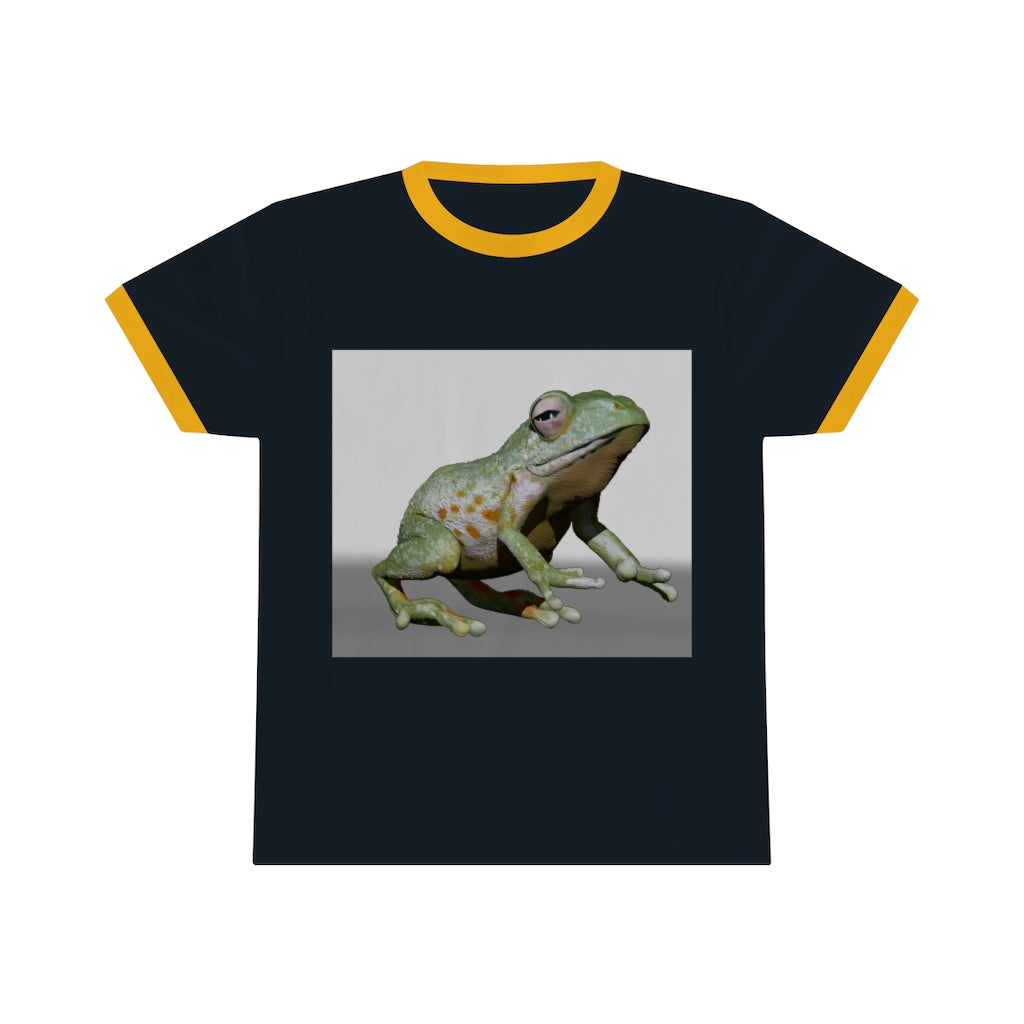 Frog Unisex Ringer Tee displayed in various colors, showcasing its lightweight fabric and stylish design.