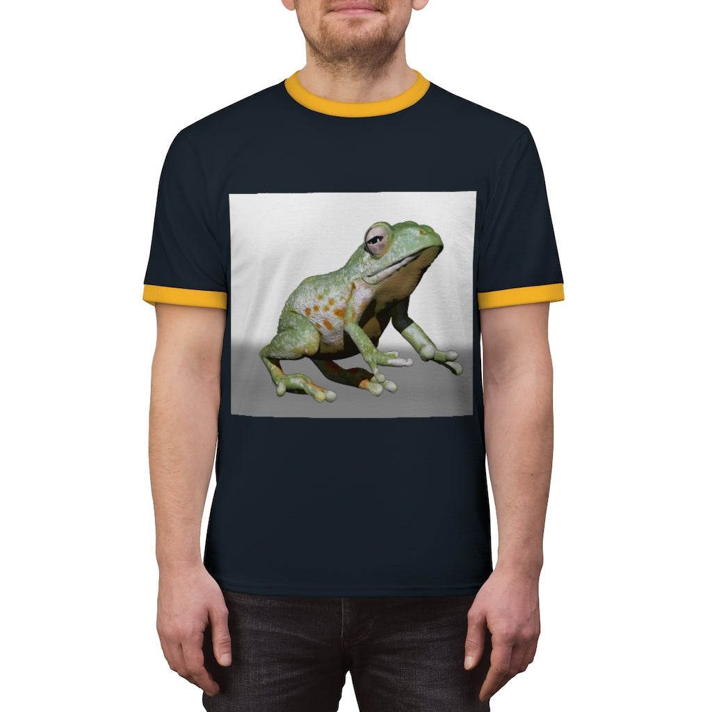 Frog Unisex Ringer Tee displayed in various colors, showcasing its lightweight fabric and stylish design.