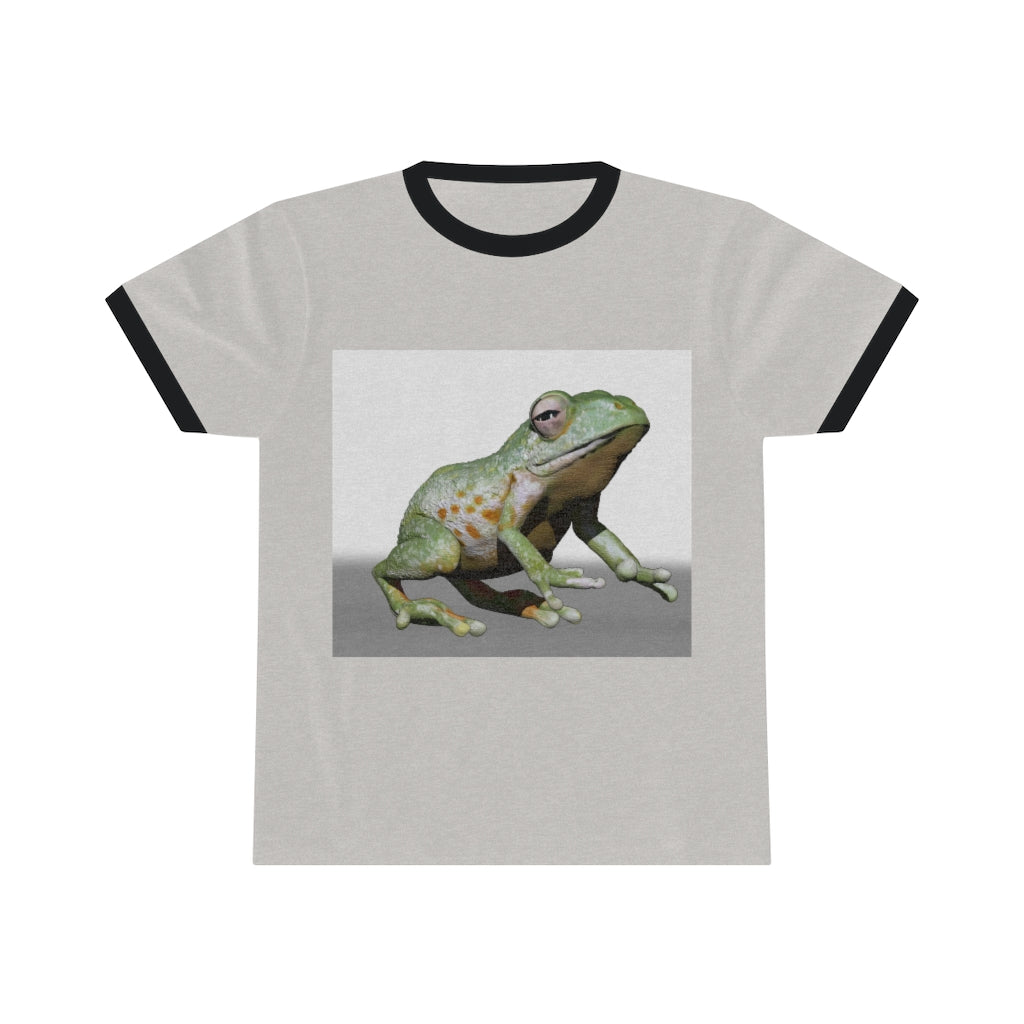 Frog Unisex Ringer Tee displayed in various colors, showcasing its lightweight fabric and stylish design.