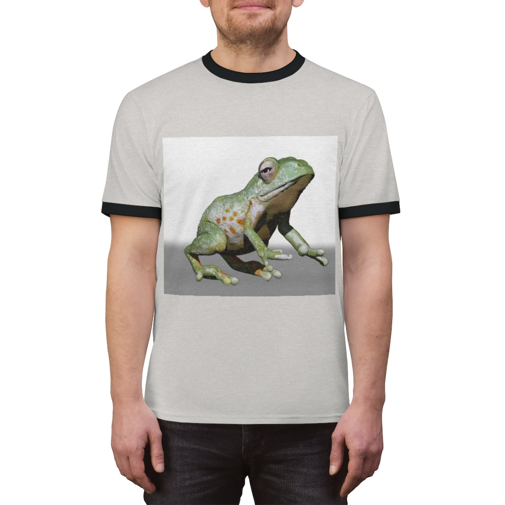 Frog Unisex Ringer Tee displayed in various colors, showcasing its lightweight fabric and stylish design.