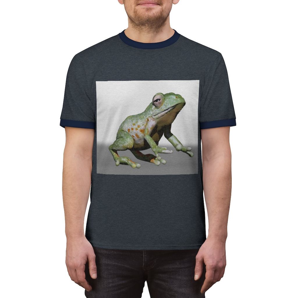 Frog Unisex Ringer Tee displayed in various colors, showcasing its lightweight fabric and stylish design.