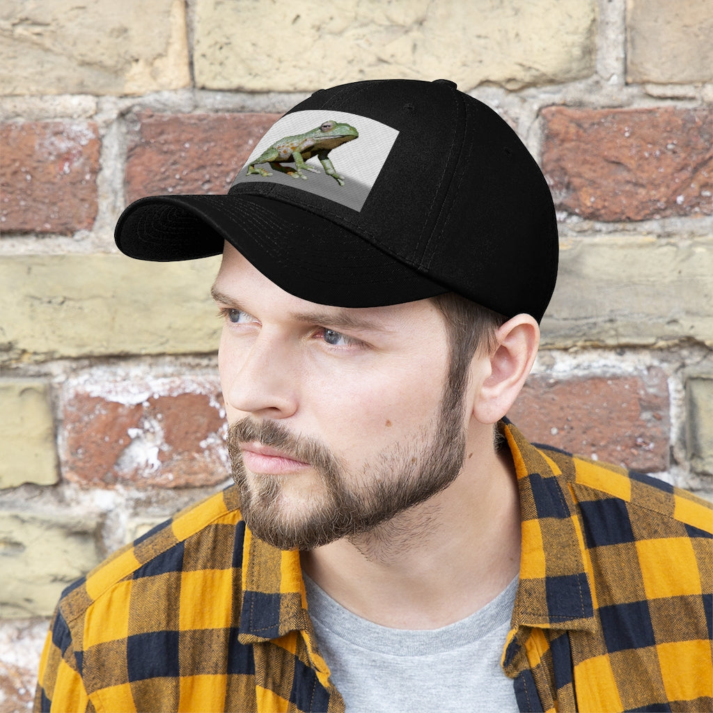 Frog Unisex Twill Hat in a classic 6-panel design, made of 100% cotton twill, featuring an adjustable Velcro closure.