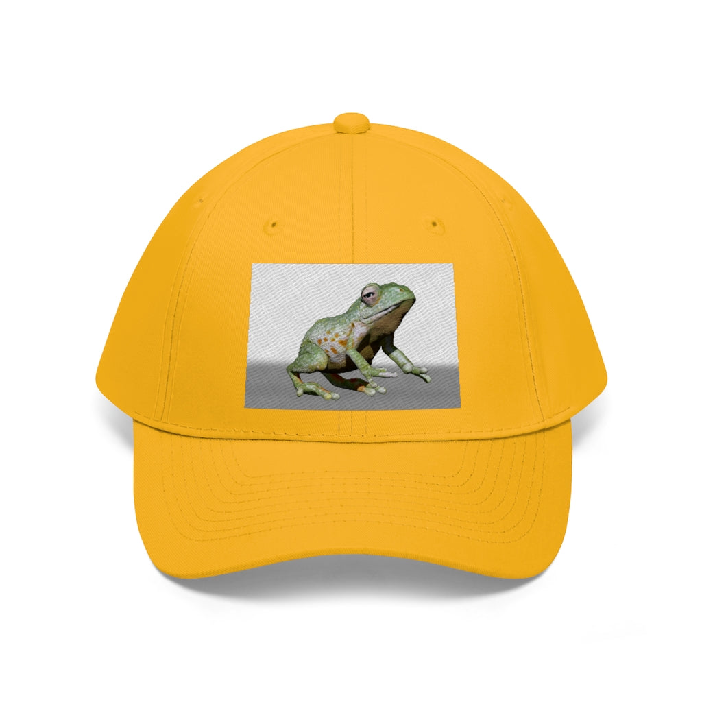 Frog Unisex Twill Hat in a classic 6-panel design, made of 100% cotton twill, featuring an adjustable Velcro closure.