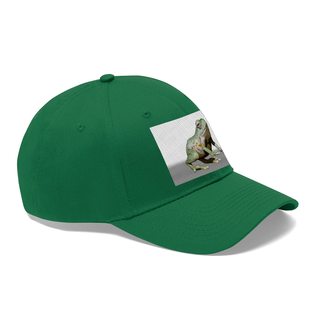 Frog Unisex Twill Hat in a classic 6-panel design, made of 100% cotton twill, featuring an adjustable Velcro closure.