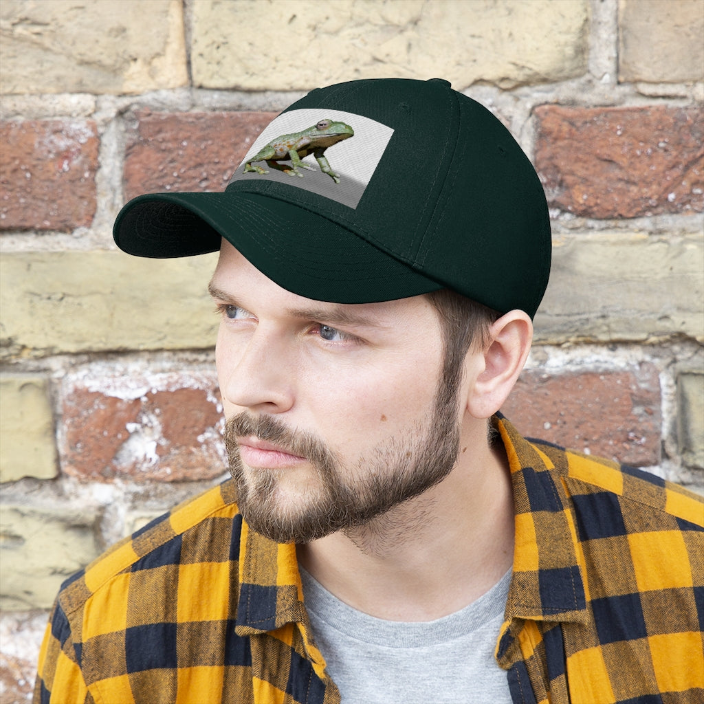 Frog Unisex Twill Hat in a classic 6-panel design, made of 100% cotton twill, featuring an adjustable Velcro closure.