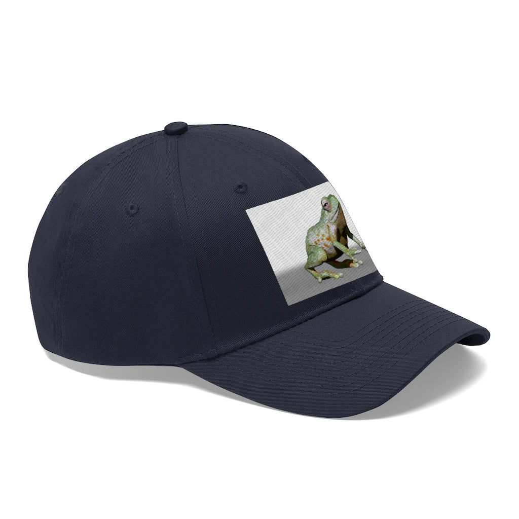 Frog Unisex Twill Hat in a classic 6-panel design, made of 100% cotton twill, featuring an adjustable Velcro closure.