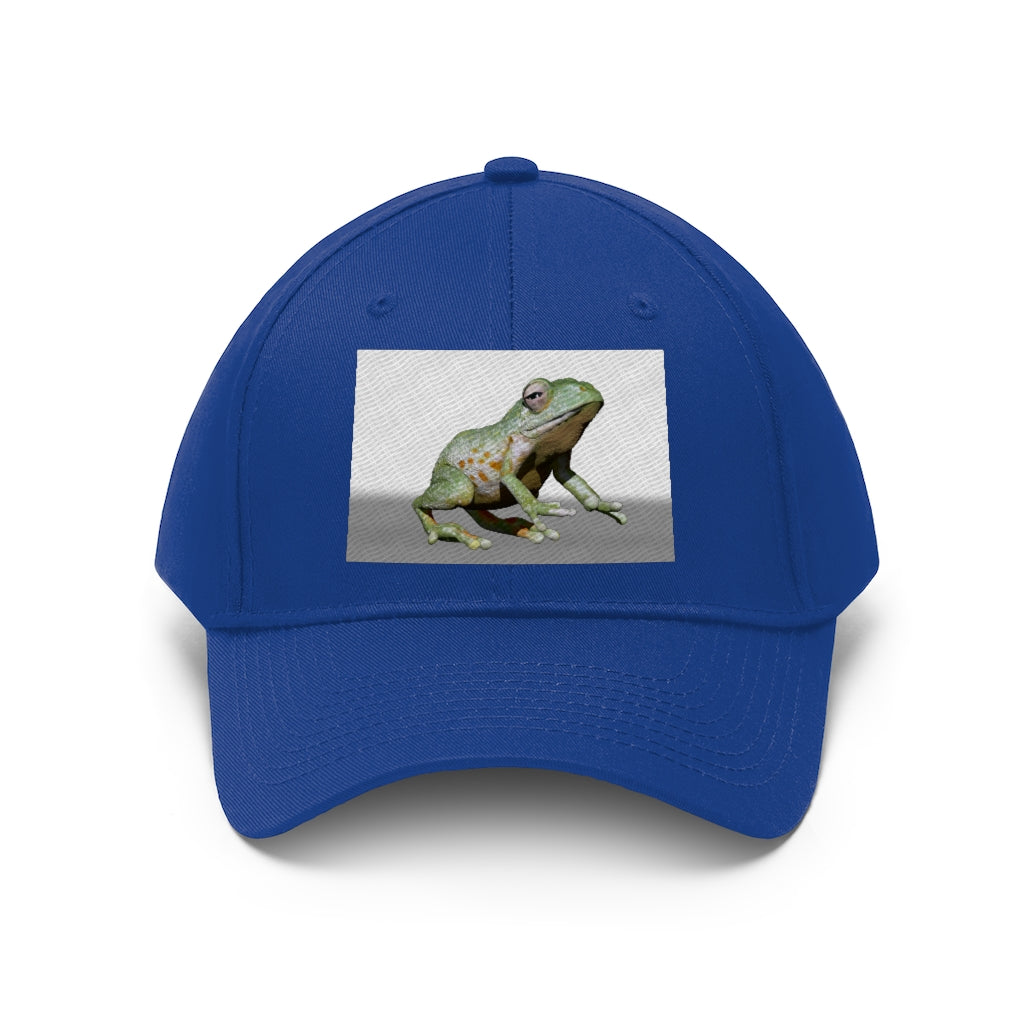 Frog Unisex Twill Hat in a classic 6-panel design, made of 100% cotton twill, featuring an adjustable Velcro closure.