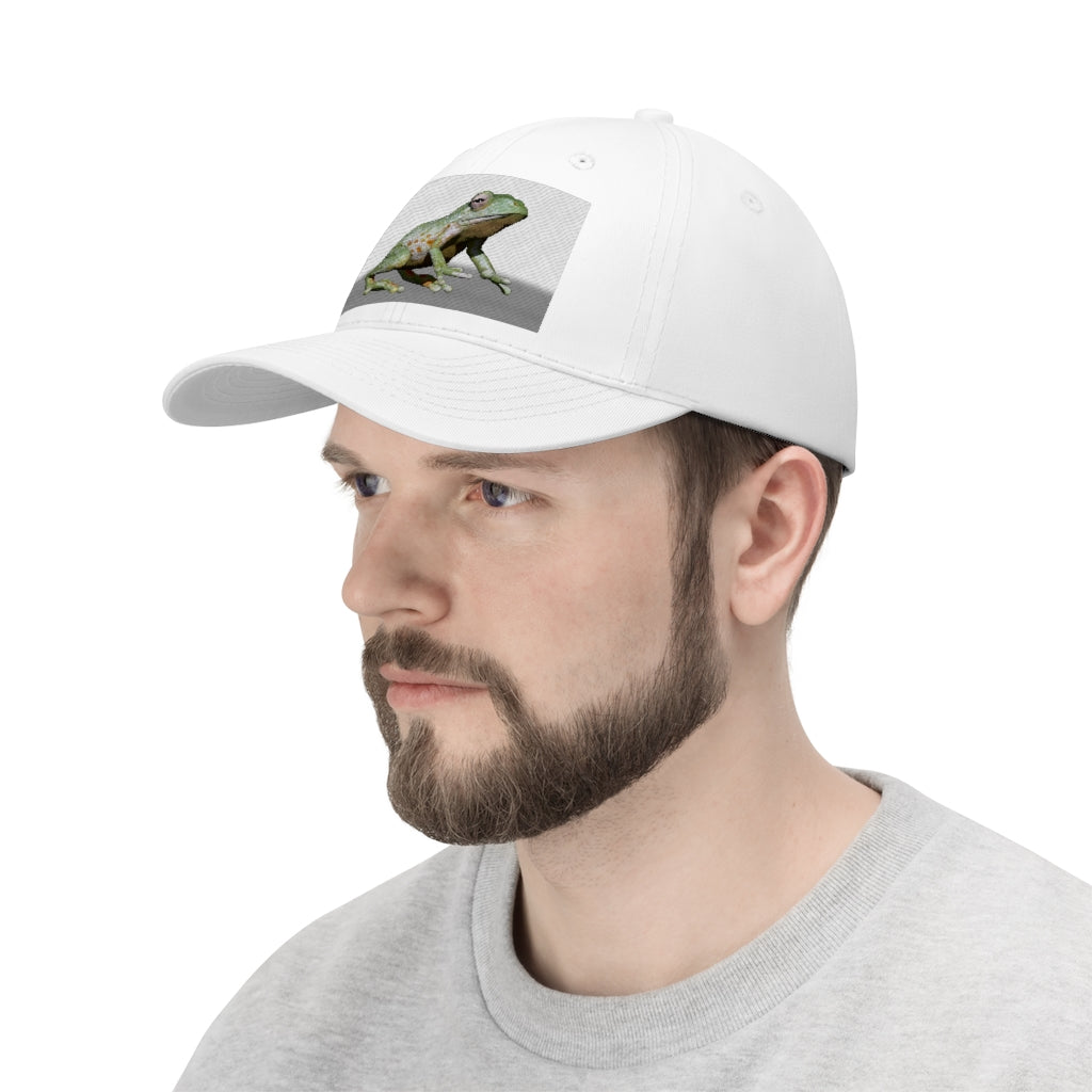 Frog Unisex Twill Hat in a classic 6-panel design, made of 100% cotton twill, featuring an adjustable Velcro closure.