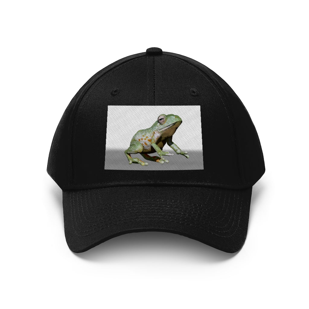 Frog Unisex Twill Hat in a classic 6-panel design, made of 100% cotton twill, featuring an adjustable Velcro closure.