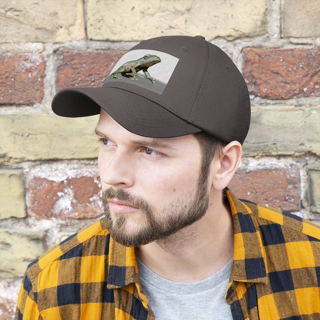 Frog Unisex Twill Hat in a classic 6-panel design, made of 100% cotton twill, featuring an adjustable Velcro closure.