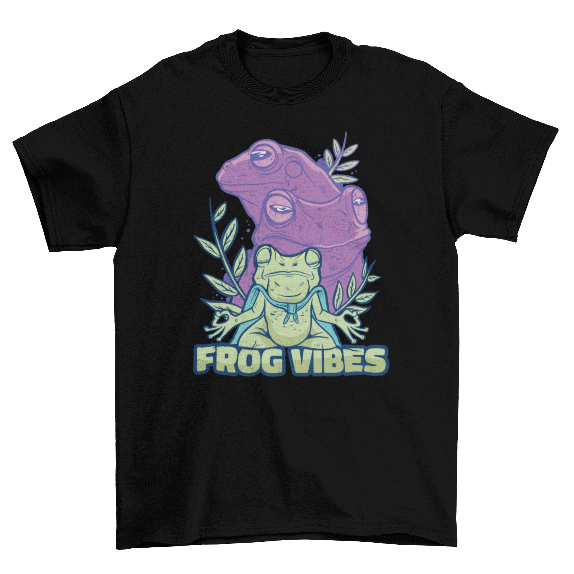 Frog Vibes T-Shirt featuring a meditating frog illustration with the caption 'Frog vibes'.