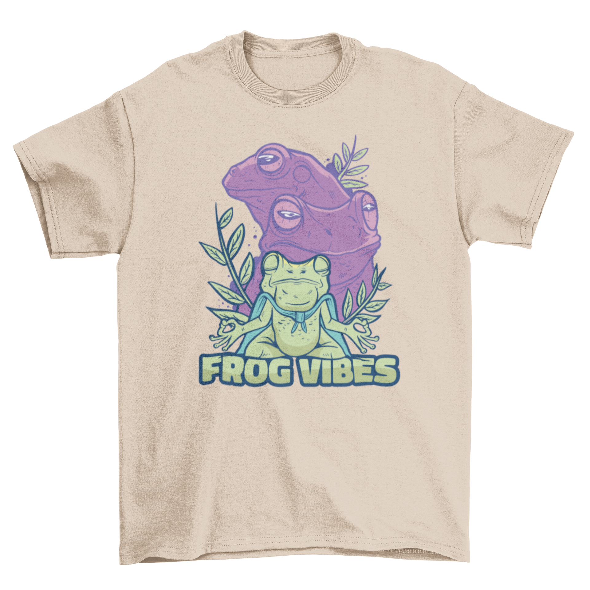 Frog Vibes T-Shirt featuring a meditating frog illustration with the caption 'Frog vibes'.